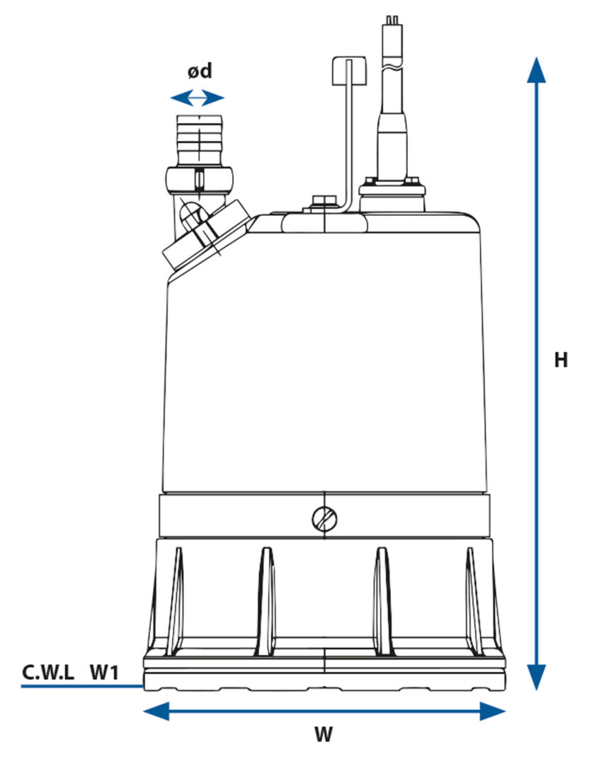 Maßzeichnung der Tauchpumpe aus der SG-Reihe.