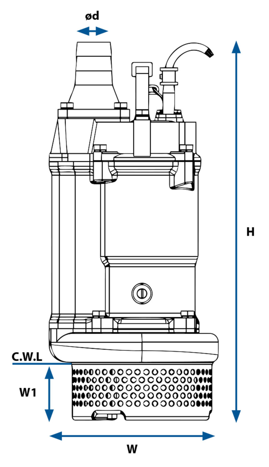 Maßzeichnung einer Entwässerungspumpe aus der SB-Reihe.
