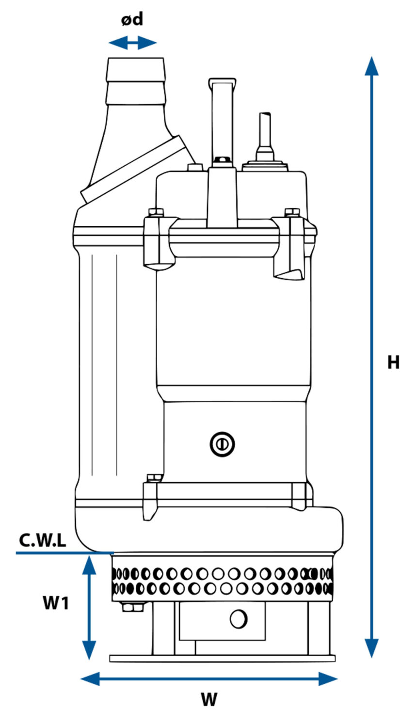 Maßzeichnung einer Schlamm- & Güllepumpe aus der SBA-Reihe.
