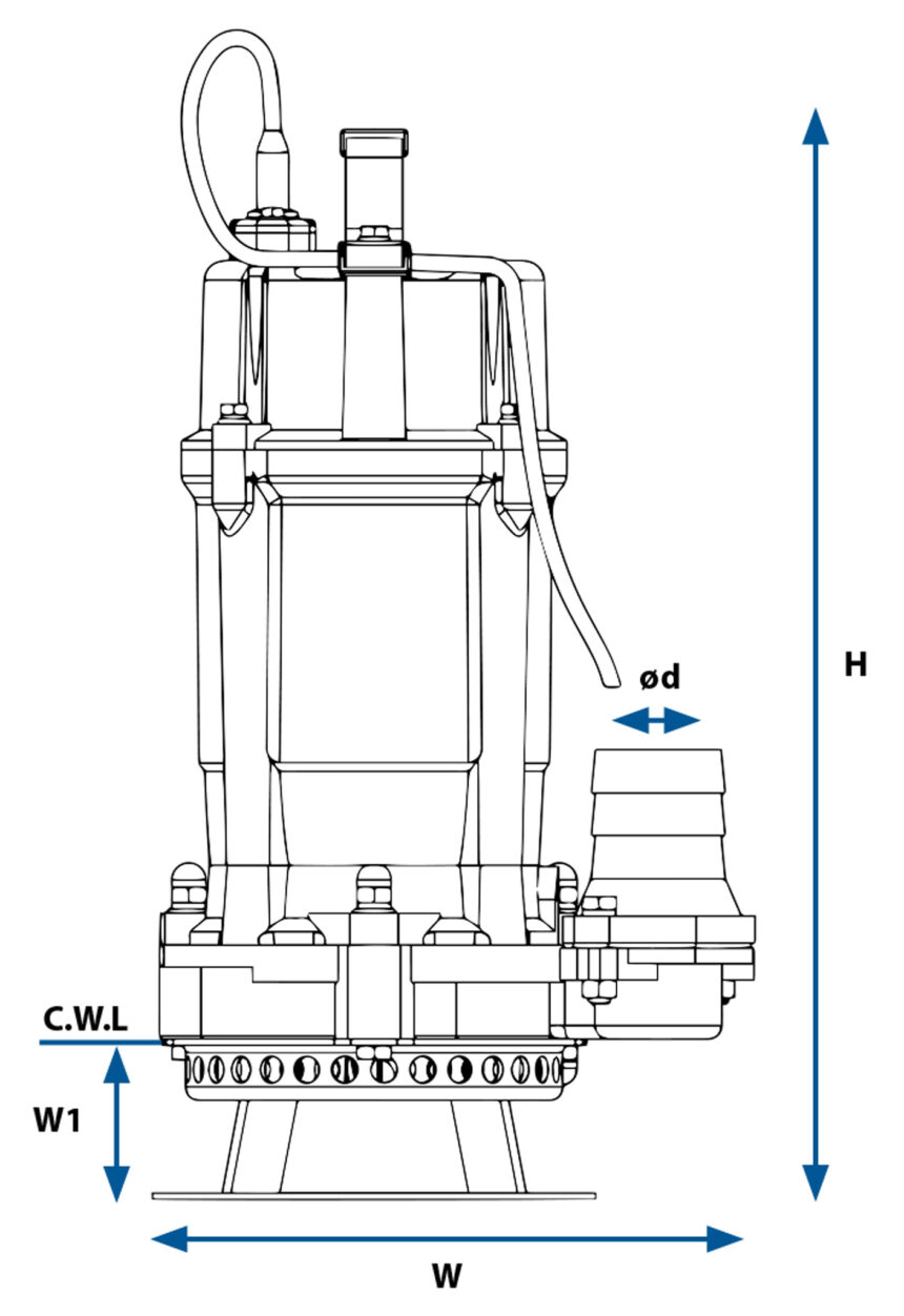 Maßzeichnung einer Schlamm- & Güllepumpe aus der SFA-Reihe.