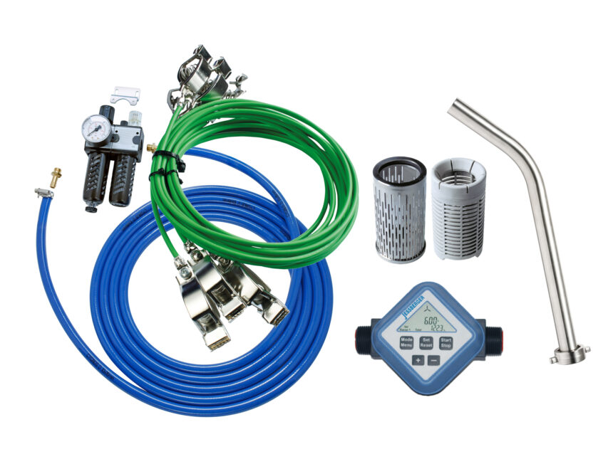 Verschiedene Zubehörteile für Fasspumpen.