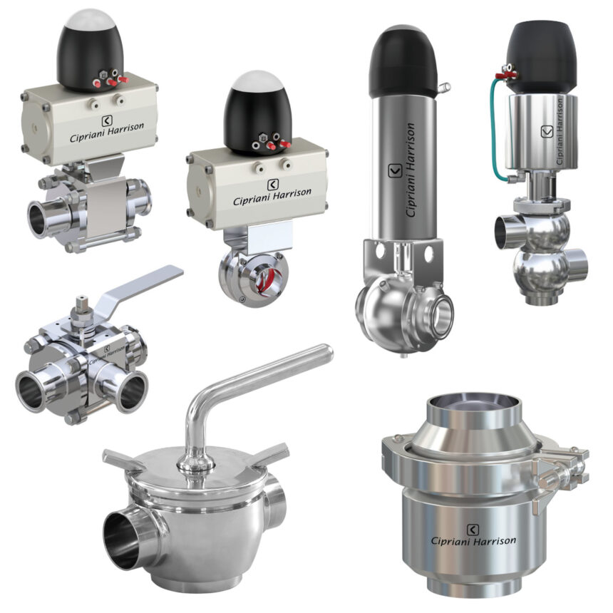 Sieben verschiedene hygienische Ventile für die Verwendung in der Lebensmittelindustrie.