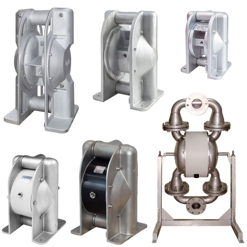 Sechs verschiedene Gusspumpen für die Industrie.