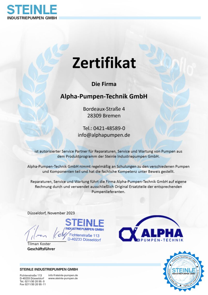 Partnerzertifikat Alpha Pumpen Technik 2023