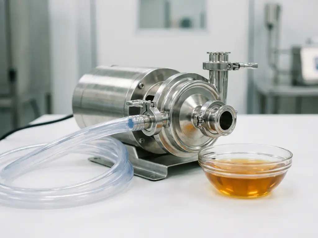 Polierte Edelstahl-Lebensmittelpumpe mit hygienischen Armaturen und Silikonschlauch neben goldfarbenem Fluid auf weißer Industriefläche.