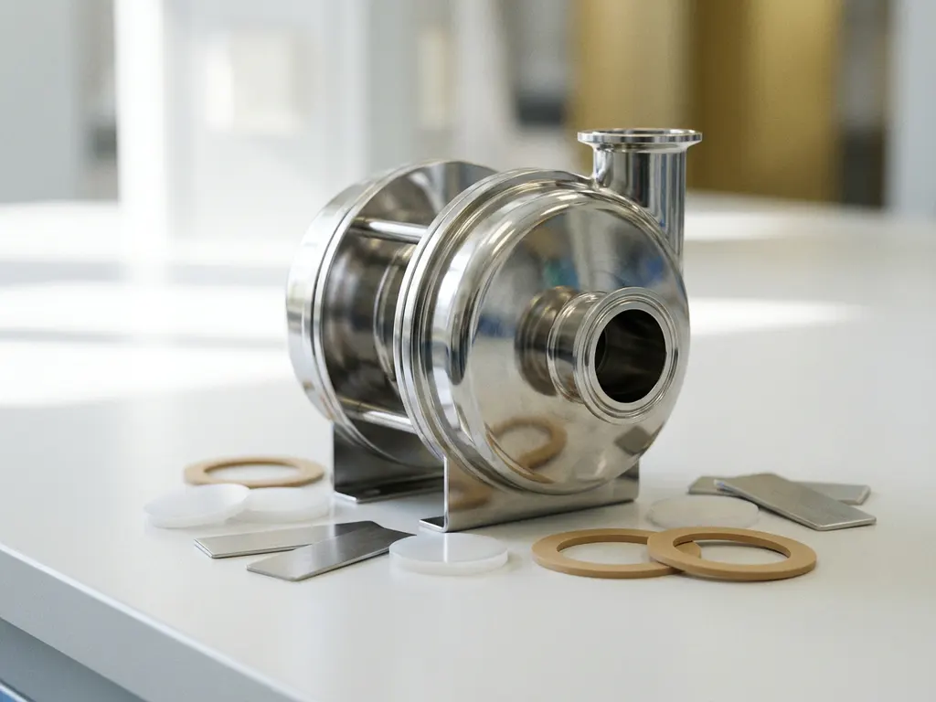 Lebensmittelechte Edelstahlpumpe mit PTFE-, Metall- und Gummi-Materialproben auf weißer Industrieoberfläche.