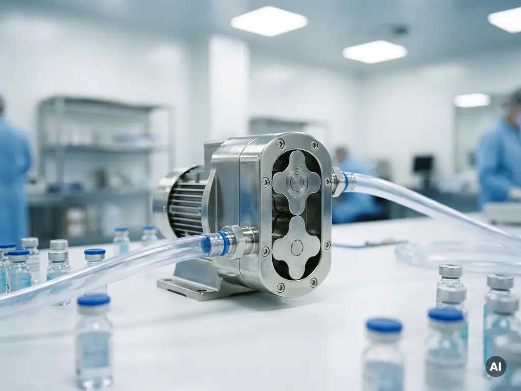Edelstahl-Drehkolbenpumpe auf weißer Laborfläche, umgeben von Pharmagläsern und Schlauchverbindungen im Reinraum.