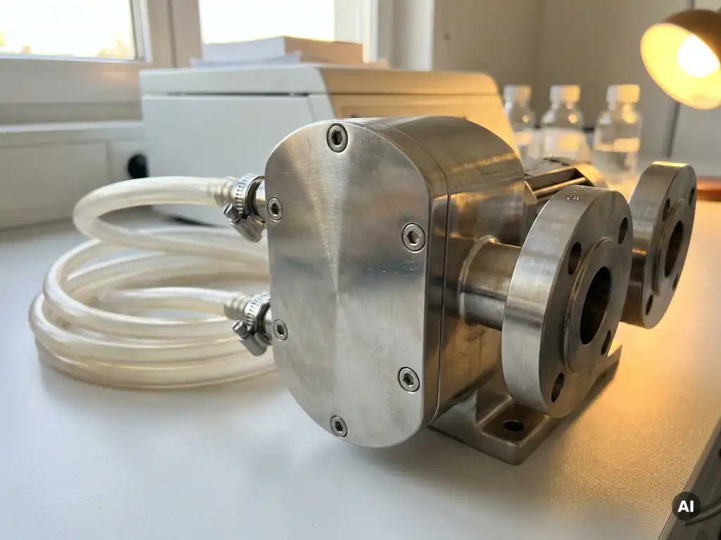 Edelstahl-Drehkolbenpumpe auf weißer Laborfläche, verbunden mit pharmazeutischen Schläuchen und Lebensmittelverarbeitungs-Armaturen.