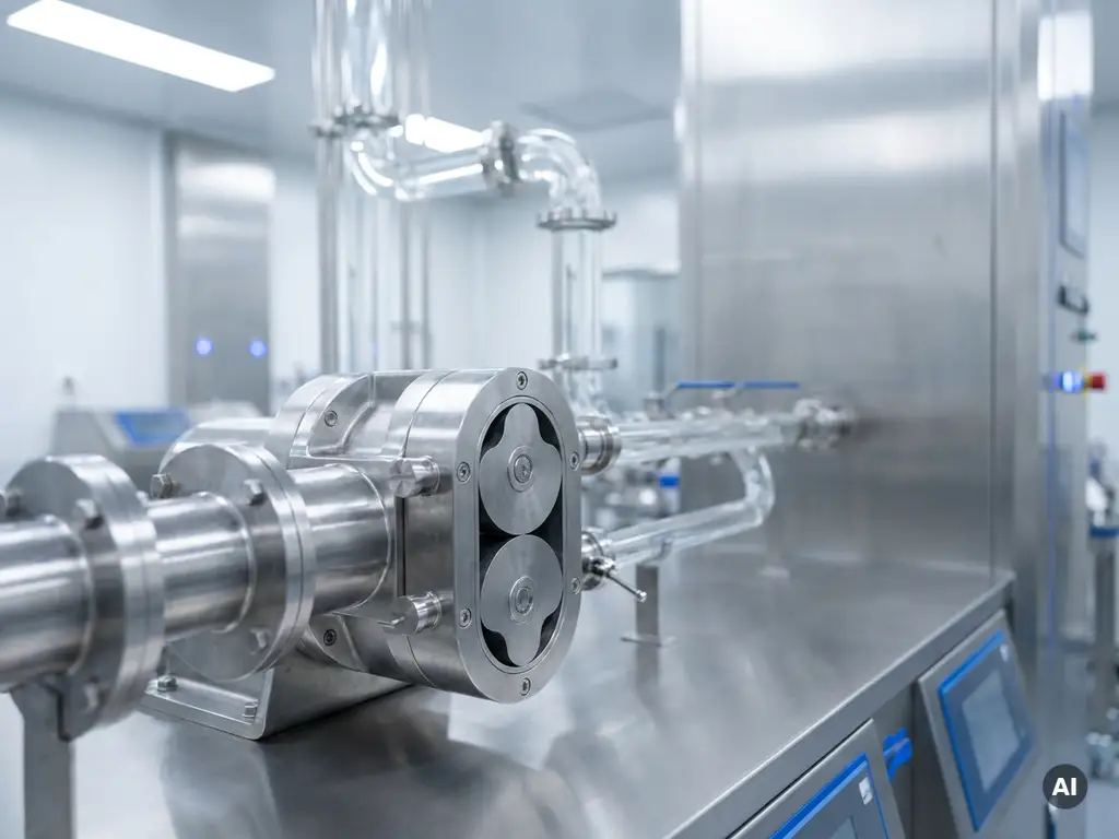 Edelstahl-Drehkolbenpumpe in steriler Pharmoproduktionsanlage mit Glasrohrleitungen und transluzider Flüssigkeit im Hintergrund.