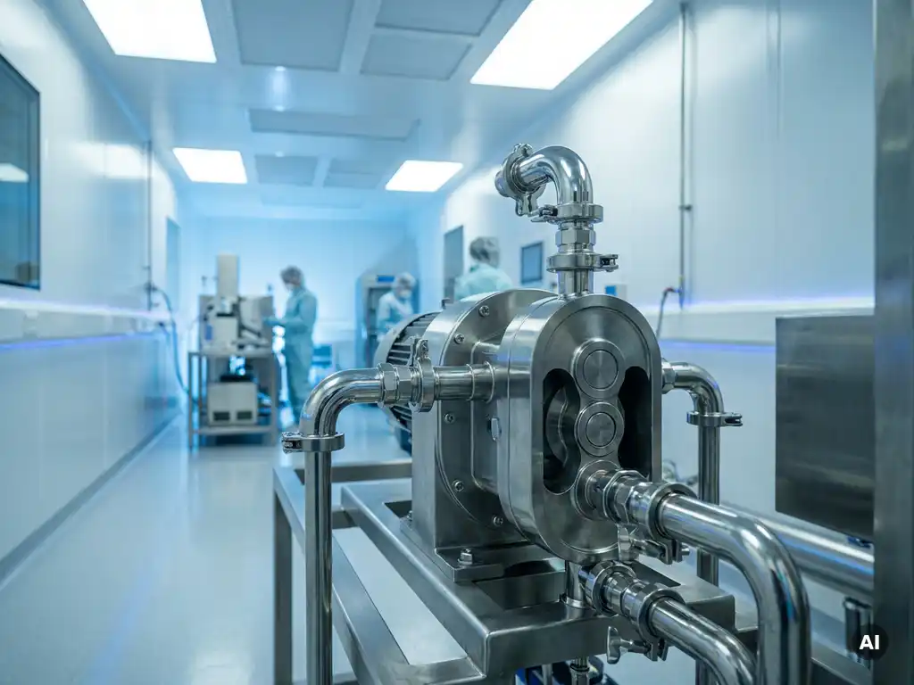 Rotierender Drehkolbenpumpe aus Edelstahl in einem sterilen Pharma-Reinraum mit polierten Chromarmaturen und weißer Reinraumbeleuchtung.