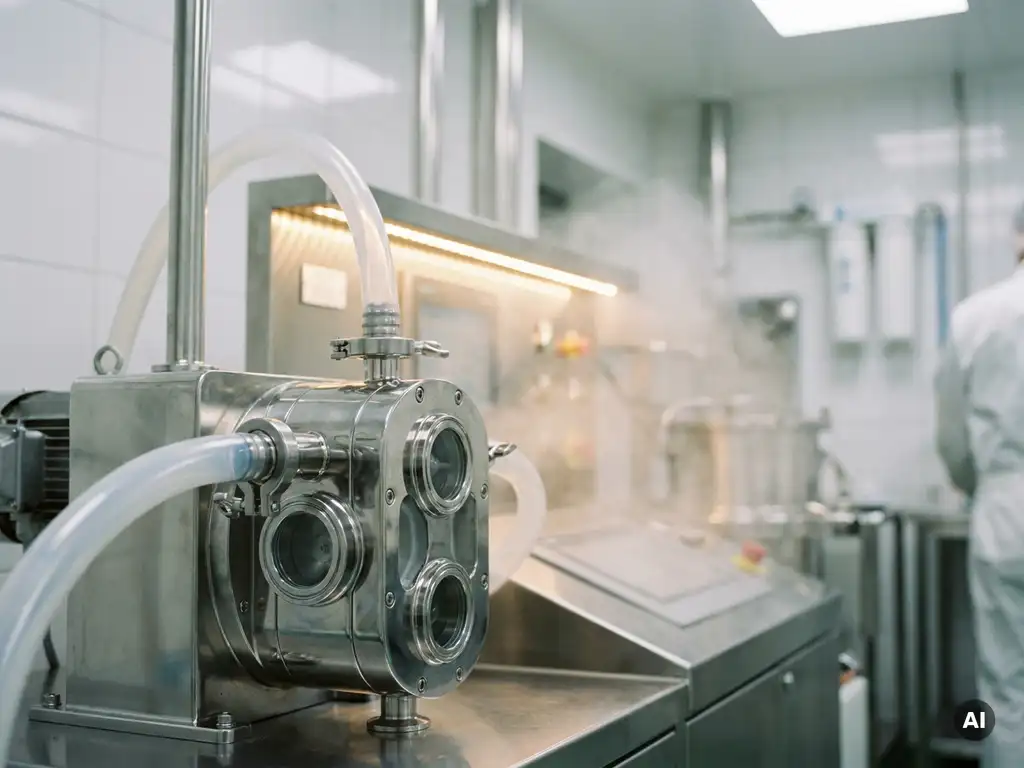 Rotationskolbenpumpe aus Edelstahl mit Sterilschläuchen in einem pharmazeutischen Reinraum, Desinfektionsnebel im Hintergrund.