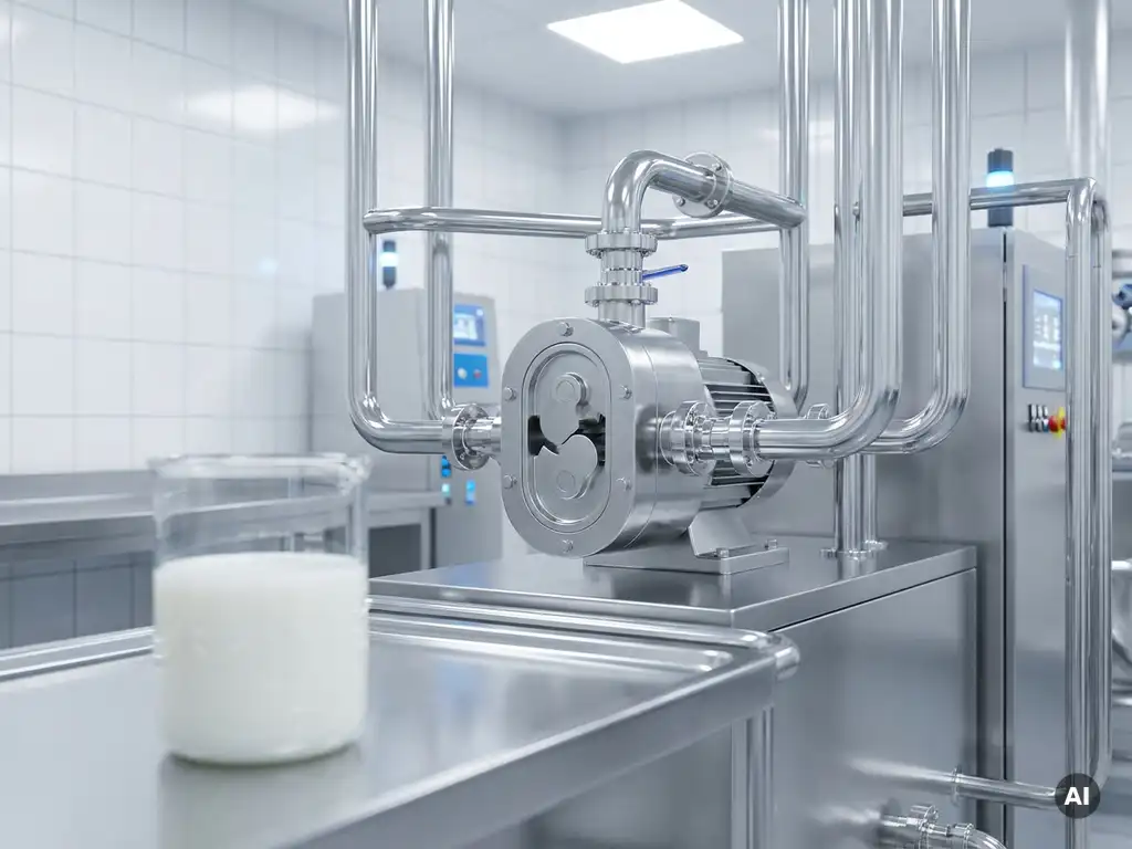 Edelstahl-Drehkolbenpumpe in pharmazeutischer Produktionsanlage mit poliertem Rohrsystem und Becherglas mit weißer Suspension im Vordergrund.