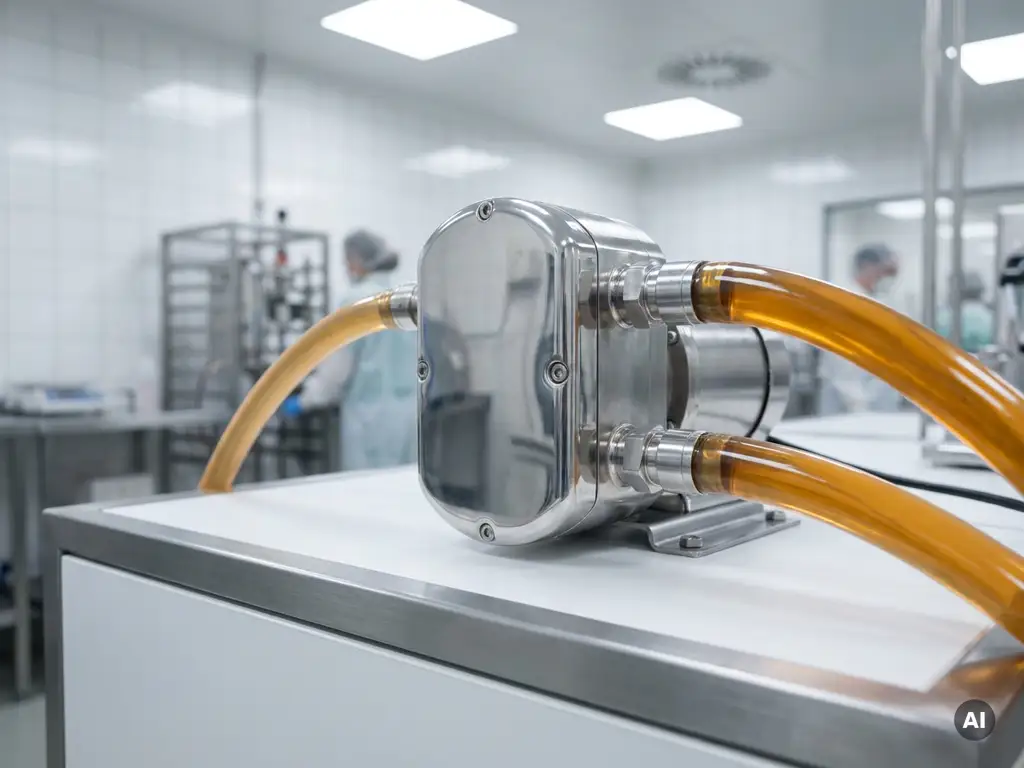 Edelstahl-Drehkolbenpumpe in steriler Pharmaproduktion mit bernsteinfarbenem Viskosfluid in transparenten Schläuchen.