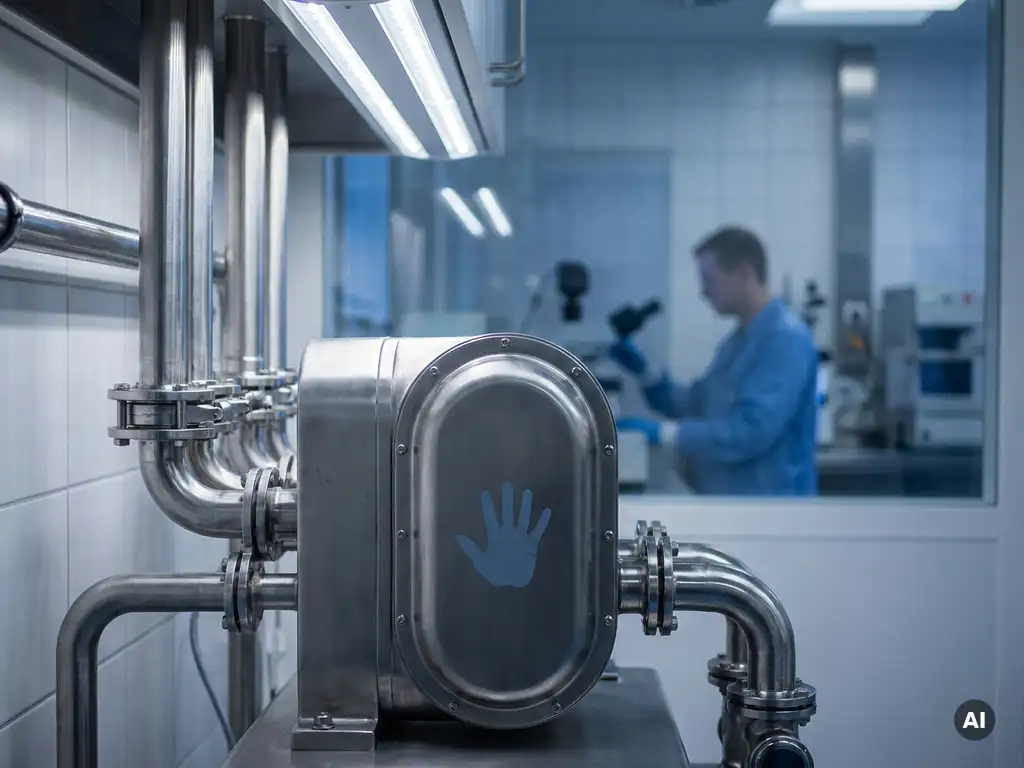 Rotationskolbenpumpe aus Edelstahl in steriler Pharmafertigung mit hygienischen Rohrleitungen und klinisch weißen Oberflächen.