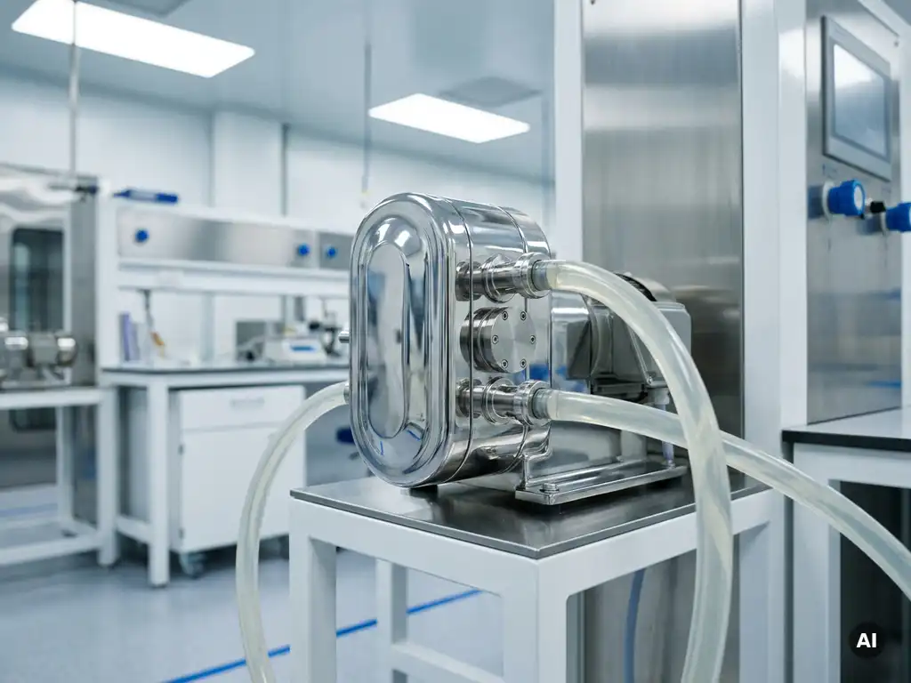 Rotationskolbenpumpe aus Edelstahl in pharmazeutischem Reinraum mit transparenten Schläuchen und polierten Oberflächen.