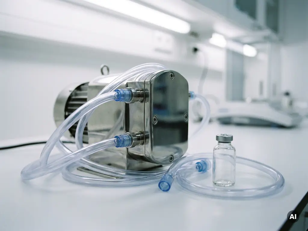 Edelstahl-Drehkolbenpumpe auf weißer Laborfläche mit pharmazeutischen Schläuchen und versiegelter Glasampulle.