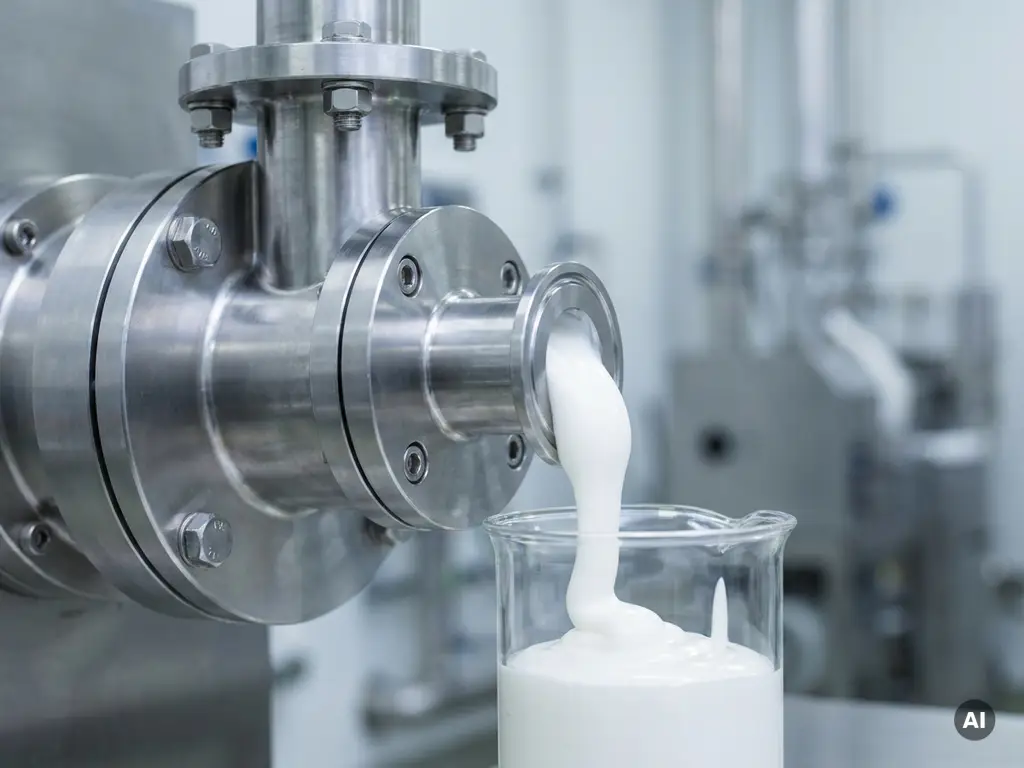 Industriepumpe aus Edelstahl dispensiert weiße Creme in einen klinischen Behälter, Nahaufnahme mit Fokus auf Pumpengehäuse.