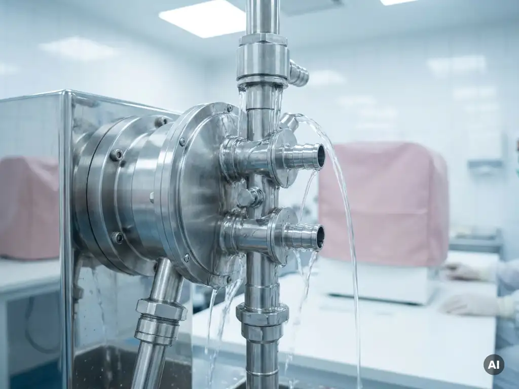 Edelstahl-Industriepumpe wird mit klarem Wasser in einer sterilen Kosmetikproduktionsanlage gereinigt.