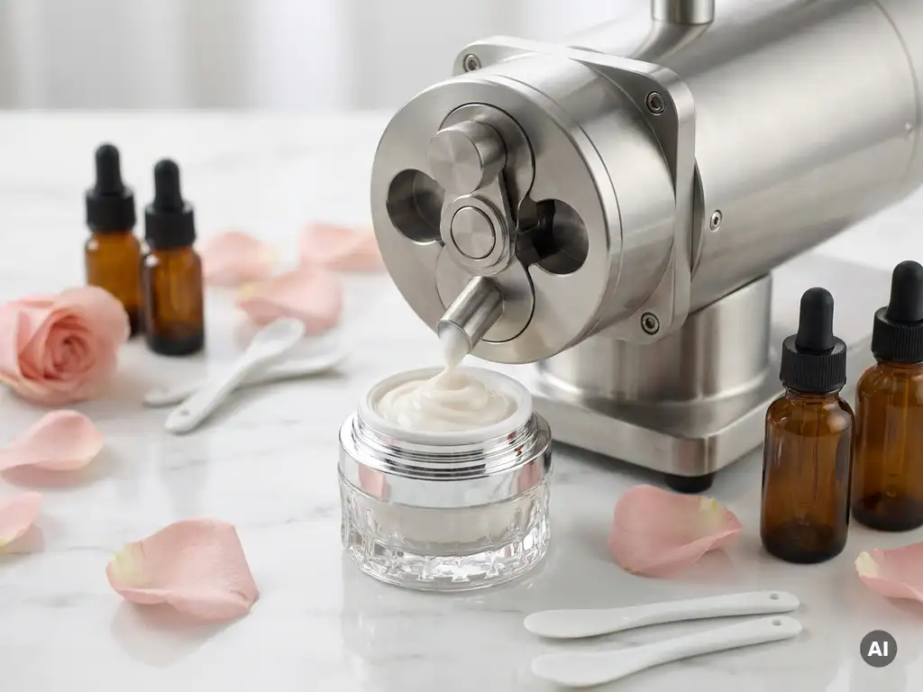 Edelstahl-Rotationskolbenpumpe füllt cremeweiße Kosmetikcreme in ein Glastiegel, umgeben von Rosenblüten und Tropfflaschen auf weißem Marmor.