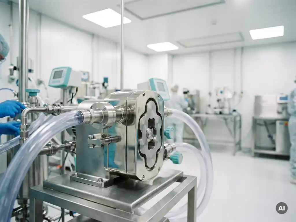 Edelstahl-Rotationskolbenpumpe in einem pharmazeutischen Reinraum mit sterilen Rohrleitungen und hygienischen Armaturen.