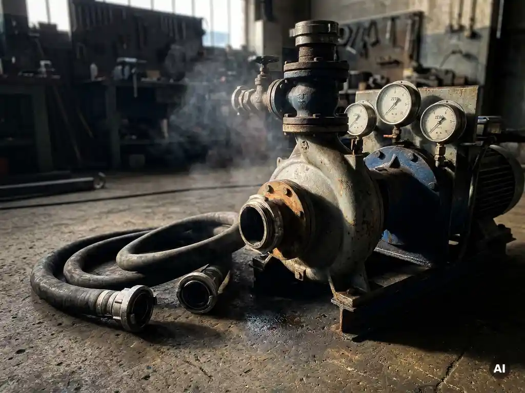 Industriepumpe mit Druckanzeige bei null auf Betonboden, abgekoppelter Einlassschlauch, Lufteinschluss im System sichtbar.