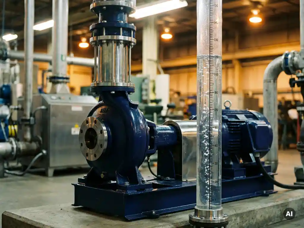 Industriepumpe auf Fabrikboden pumpt Wasser durch transparentes Messrohr unter hellem Werkstattlicht.