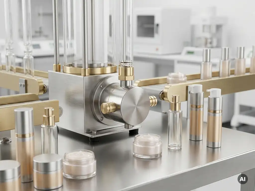 Industrielle Pumpe an kosmetischer Produktionslinie mit Cremebehältern, Glasflaschen und metallischen Spendern auf Edelstahloberfläche.