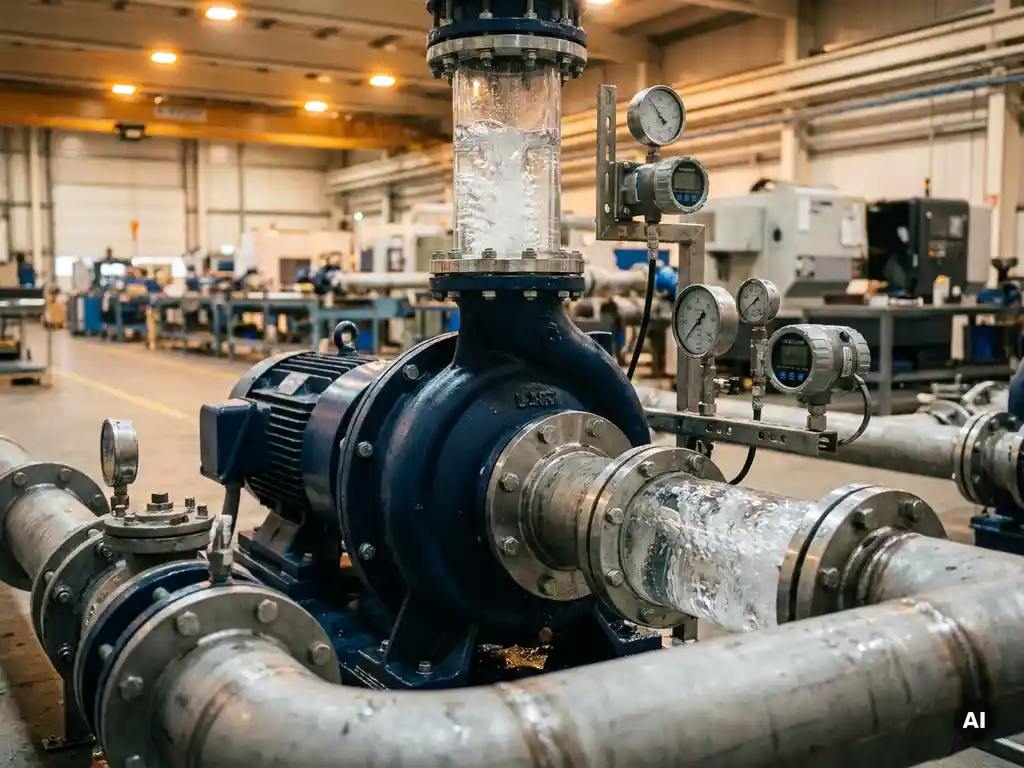 Industriepumpe auf Stahlrohrsystem in sauberer Fabrikhalle mit sichtbarem Wasserfluss, Druckmessern und Durchflussmessgeräten.