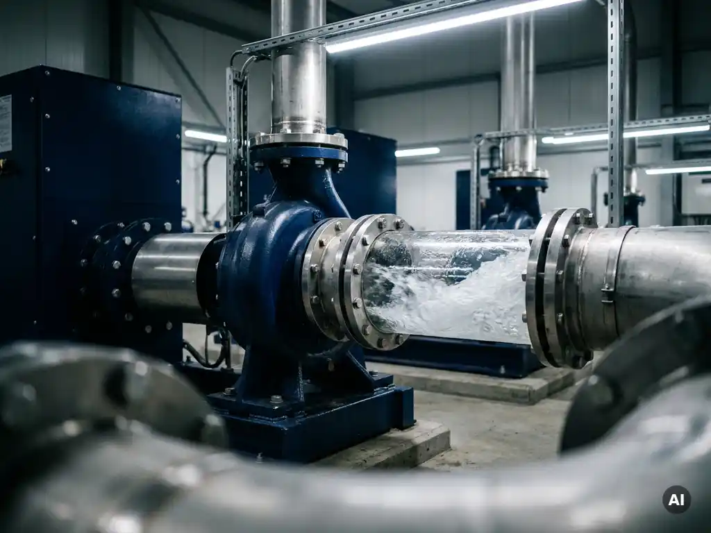 Industriepumpe aus Stahl mit sichtbarem Flüssigkeitsdurchfluss in transparentem Rohrabschnitt, dramatische Beleuchtung in Marineblau und Silber.