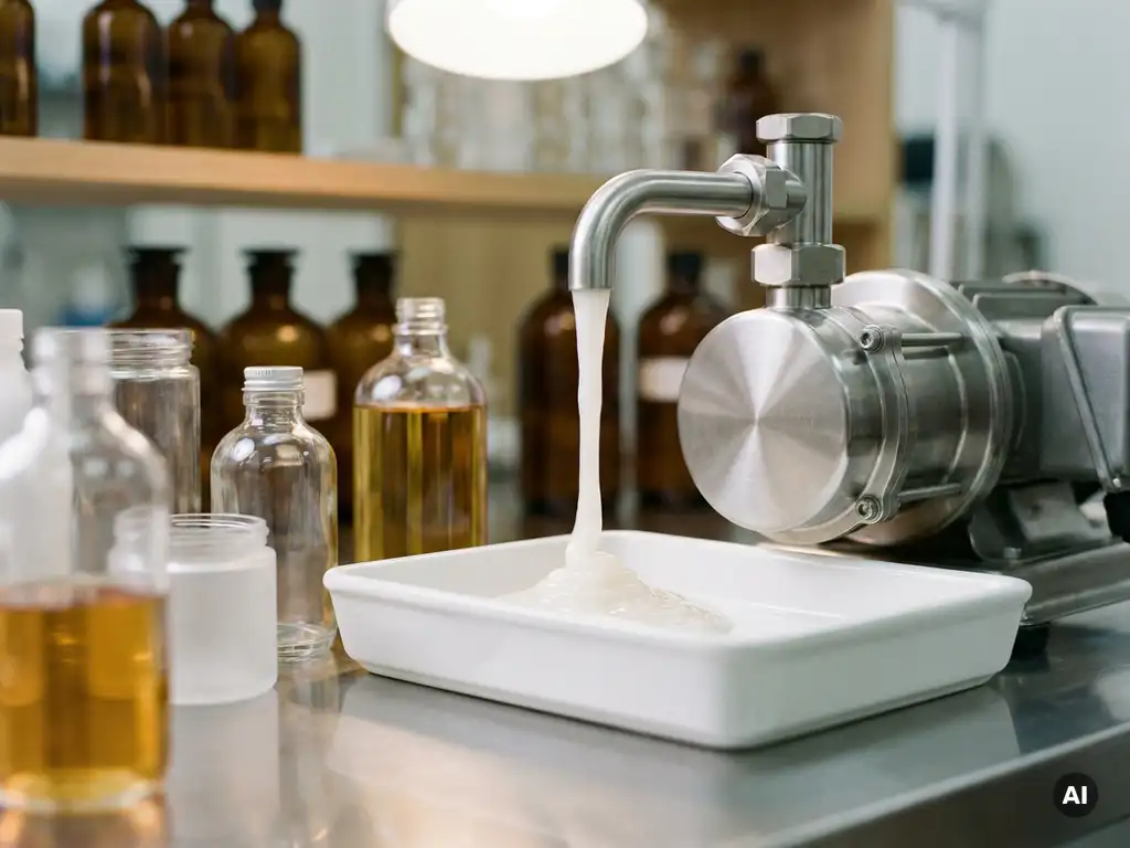 Edelstahl-Industriepumpe dispensiert perlmuttfarbenes Shampoo in weißes Auffangbecken, umgeben von Bernstein- und Milchglasflaschen im Labor.