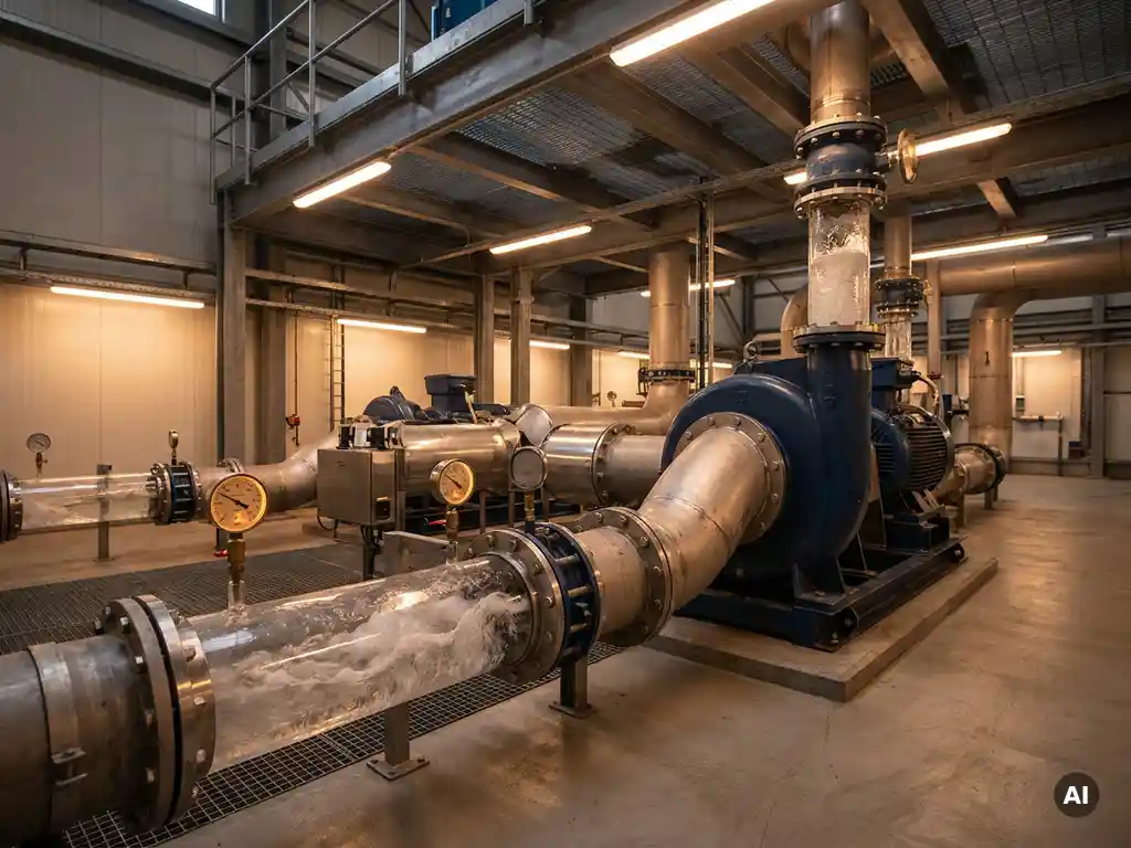 Industriepumpe auf Stahlrohrsystem mit sichtbarem Wasserfluss in transparenten Rohrabschnitten, Betonboden und Metallinfrastruktur.