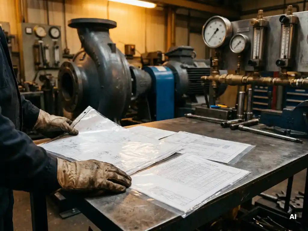 Ingenieurshände breiten technische Datenblätter auf Stahltisch aus, im Hintergrund eine große Industriekreiselpumpe mit Druckmessgeräten.