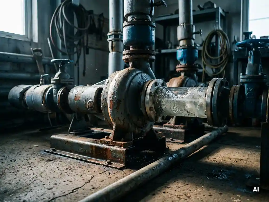 Industriepumpe auf Betonboden mit sichtbarer Kavitation in Glasrohr und Luftblasen an gerissener Rohrverbindung.
