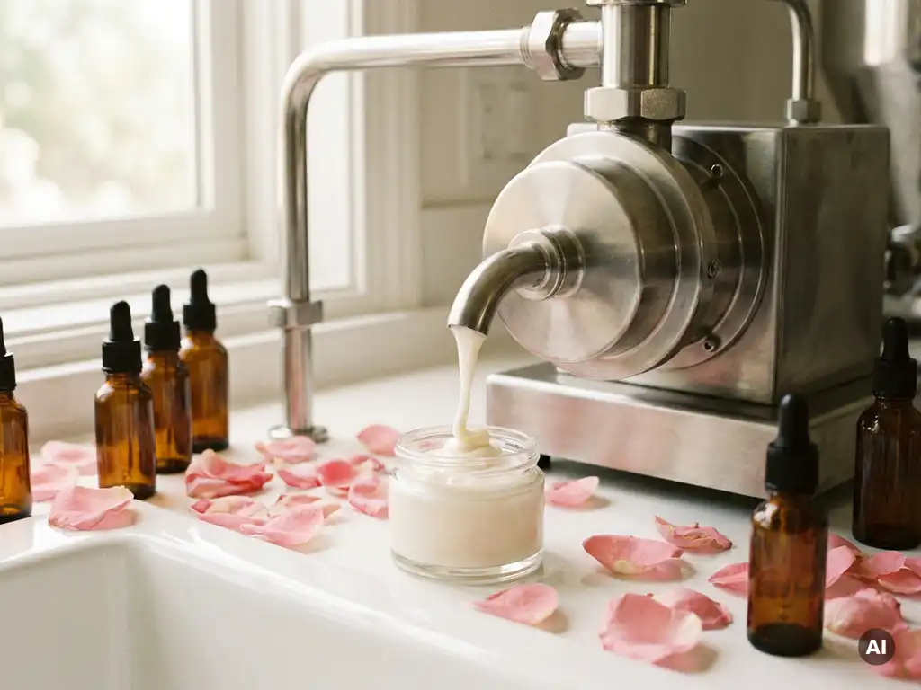 Industriepumpe aus Edelstahl füllt cremeweiße Kosmetikcreme in Glastiegel, umgeben von Rosenblättern und Tropfflaschen im Labor.