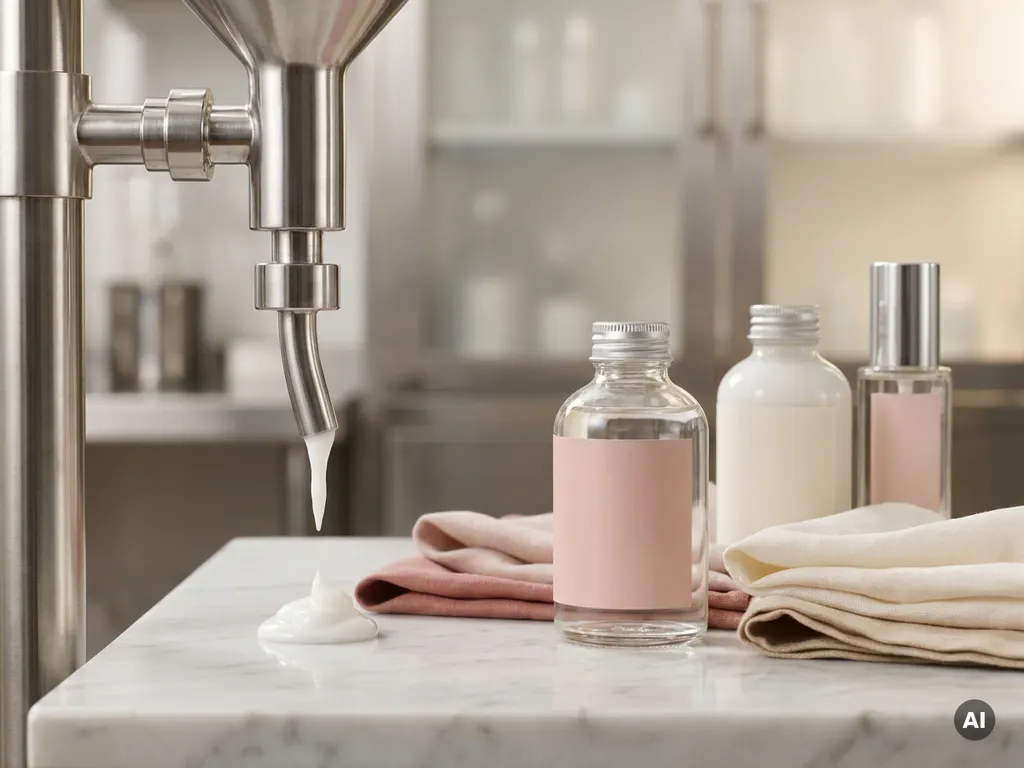 Industrielle Edelstahlpumpe dosiert weiße Körpercreme auf Marmoroberfläche, umgeben von Lotionflaschen in Kosmetikproduktion.