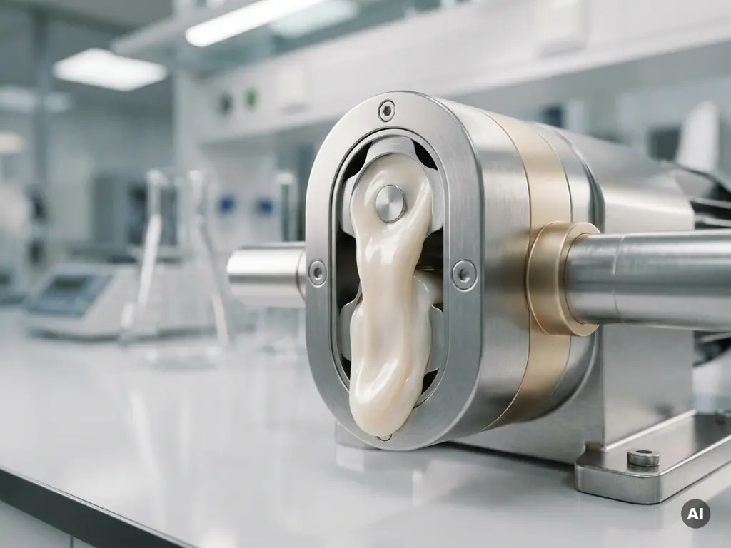 Perlmuttfarbene Kosmetikcreme fließt durch eine Edelstahl-Drehkolbenpumpe auf weißer Laboroberfläche.