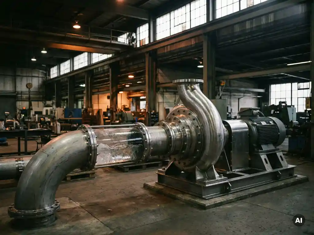 Industrielle Kreiselpumpe aus poliertem Edelstahl auf Fabrikboden mit sichtbarem Wasserfluss in transparentem Rohrabschnitt.