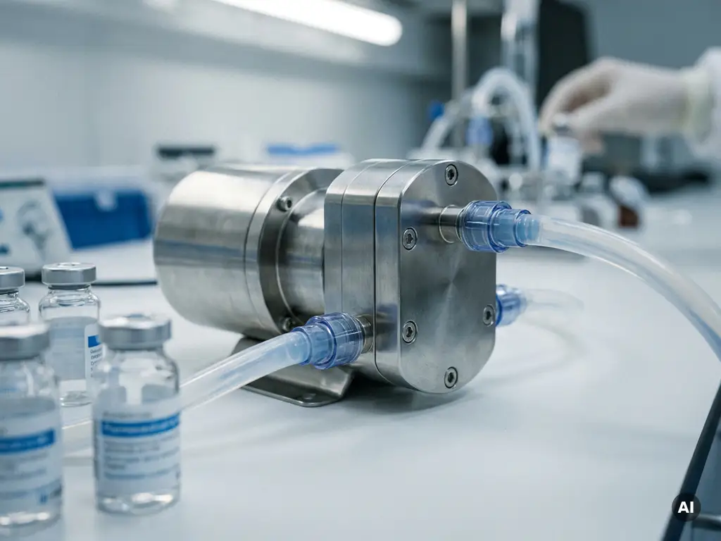 Rotationskolbenpumpe aus Edelstahl auf weißer Laborfläche, umgeben von pharmazeutischen Schläuchen und Glasfläschchen.