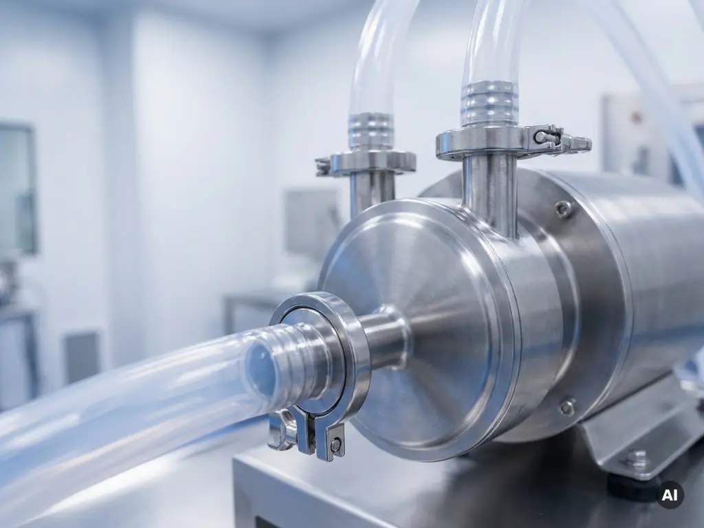 Edelstahl-Pharmapumpe mit sterilen Schläuchen und Hygienekupplungen in einem Reinraum, gebürstete Metalloberflächen in klinischem Weiß und Silber.