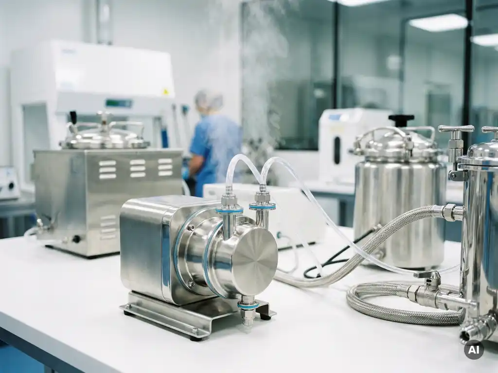 Edelstahl-Pharmapumpe mit CIP-Reinigungsschläuchen und Autoklav-Ausrüstung in steriler Laborumgebung.
