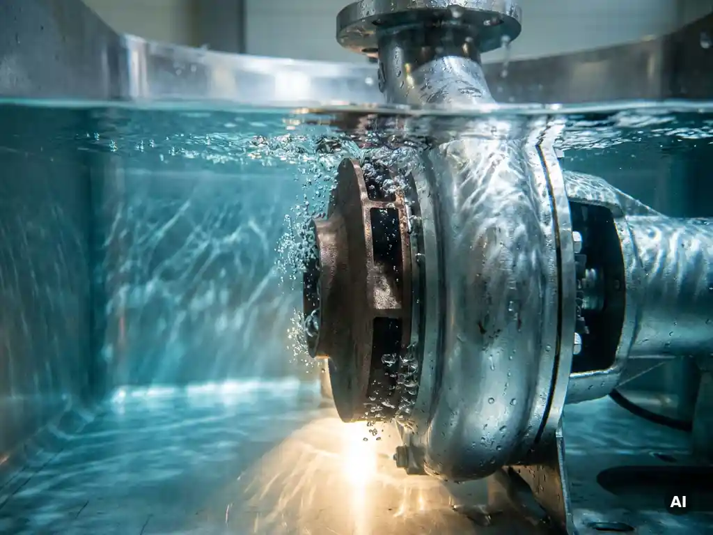 Industriepumpe halb in klarem Wasser eines Edelstahltanks, Kavitationsblasen am Laufradeinlass, kaustische Lichtmuster unter Wasser.