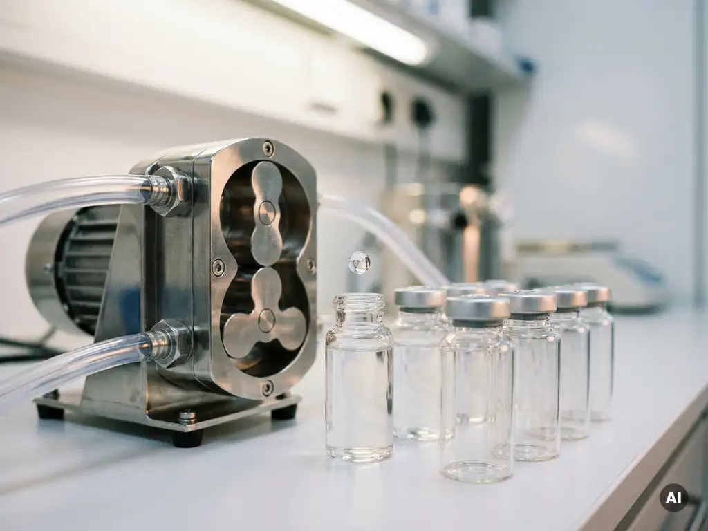 Rotationskolbenpumpe aus Edelstahl neben pharmazeutischen Glasfläschchen, mit fallendem Wassertropfen im Labor.