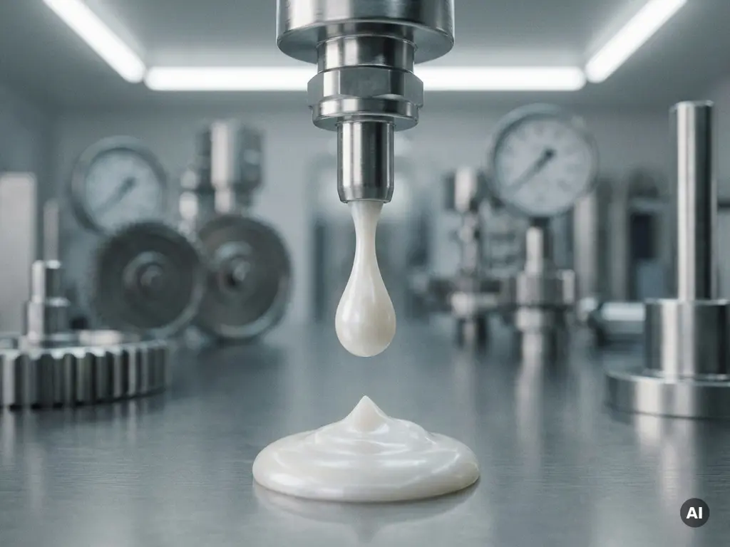 Weiße Creme fließt aus einer Edelstahl-Industriepumpe auf eine saubere Laborfläche, Makroaufnahme mit geringer Tiefenschärfe.